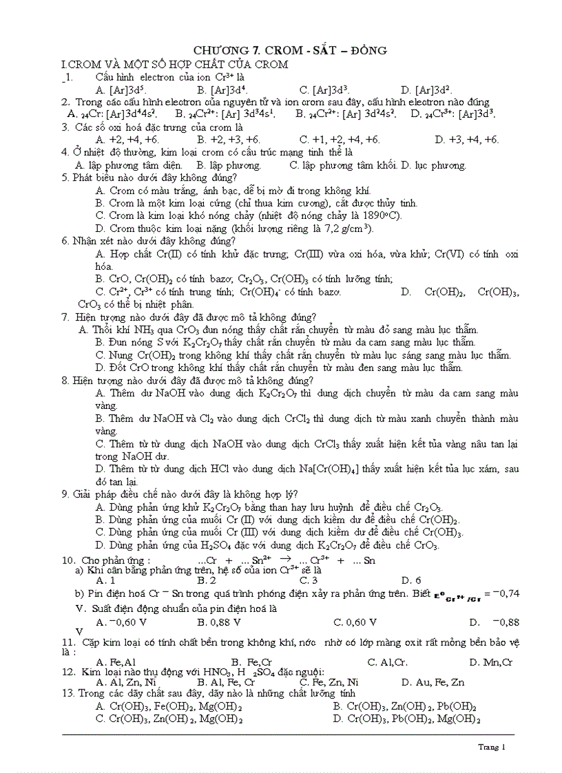 TỔNG HỢP Trắc nghiệm Cr Fe Cu