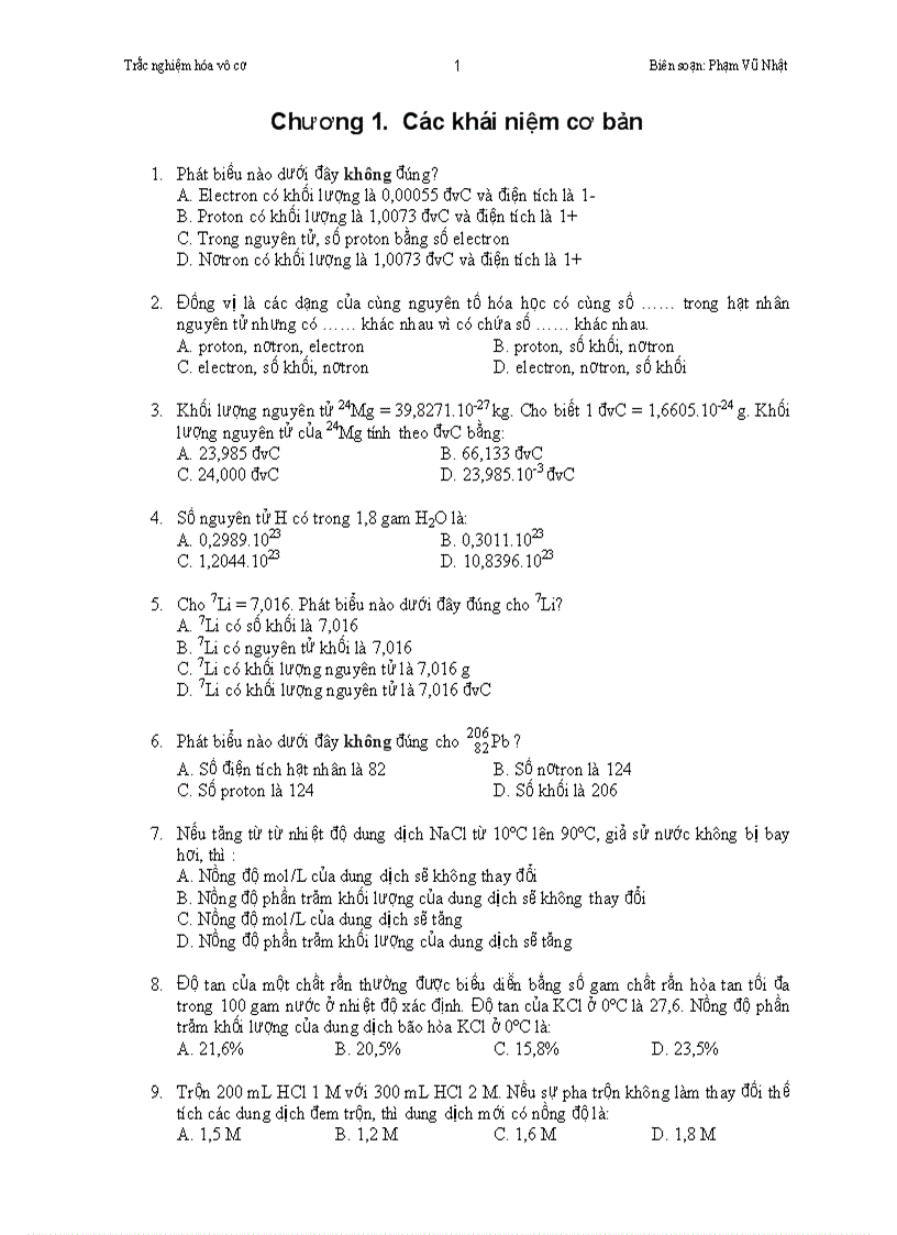 Trắc nghiệm hóa vô cơ cực hay gồm 10 Chương kèm đáp án