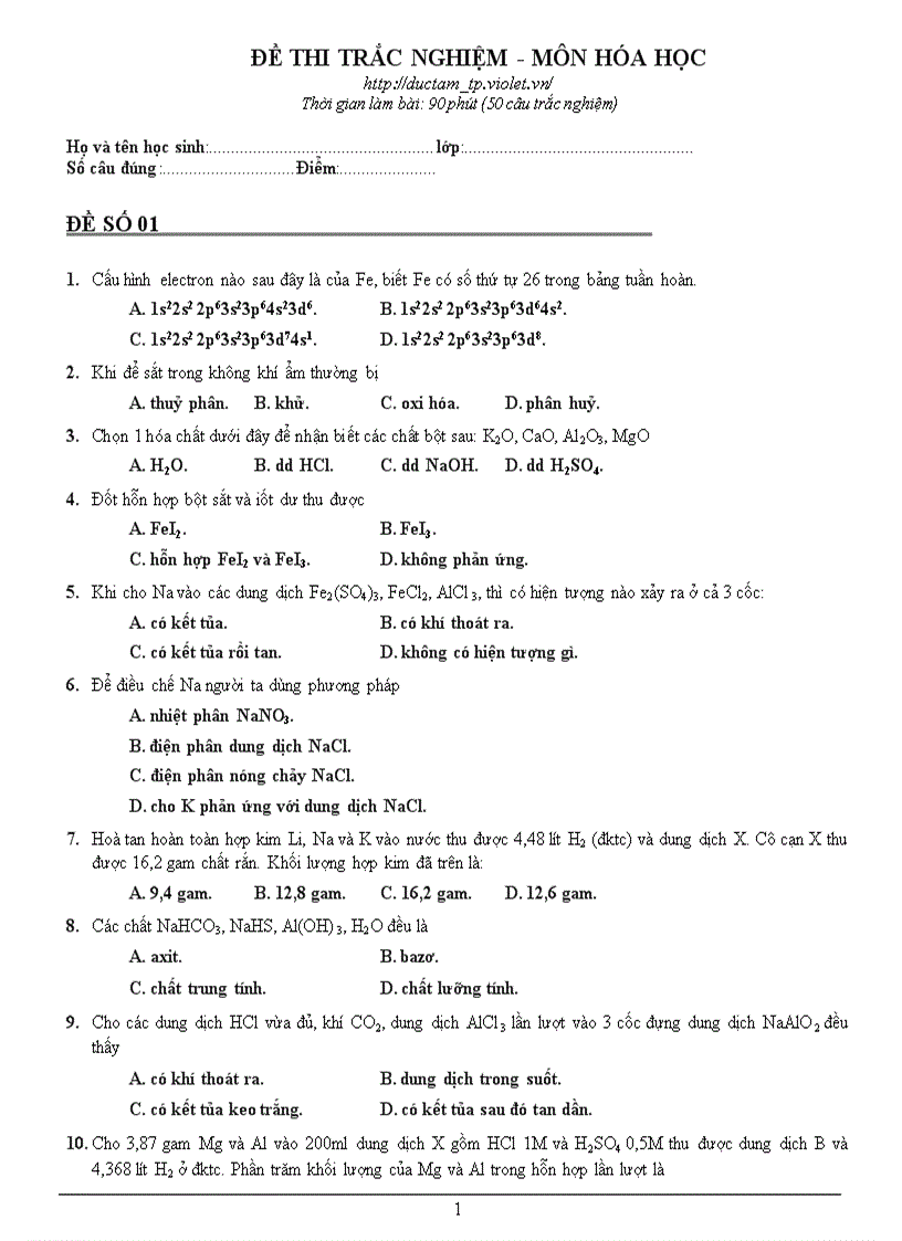 Tuyển tập Hóa TN 2010 số 1