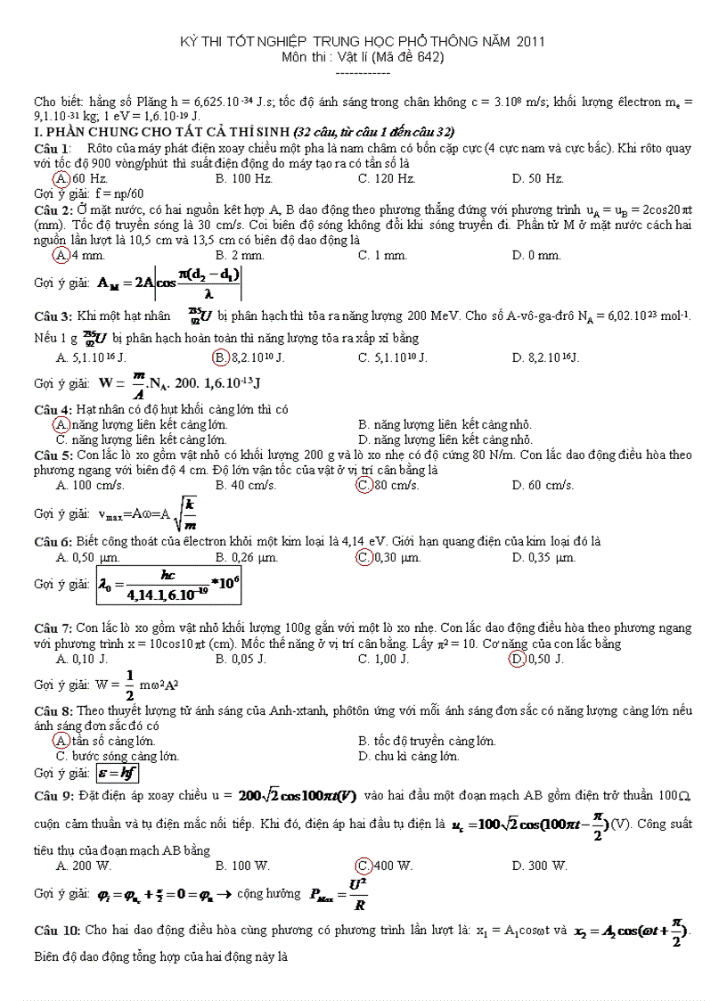 Giải chi tiết đề thi TN năm 2011 môn Vật lý