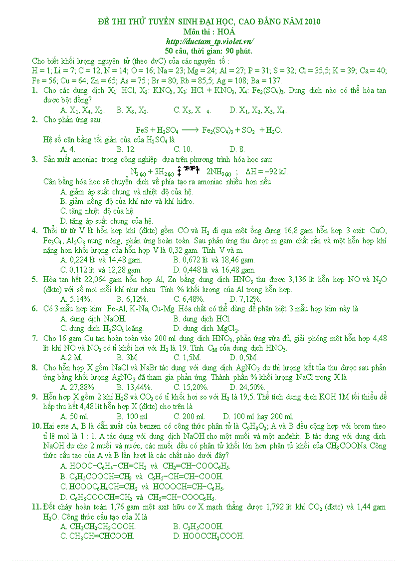 Đề HD Hóa ĐH 2010 số 16