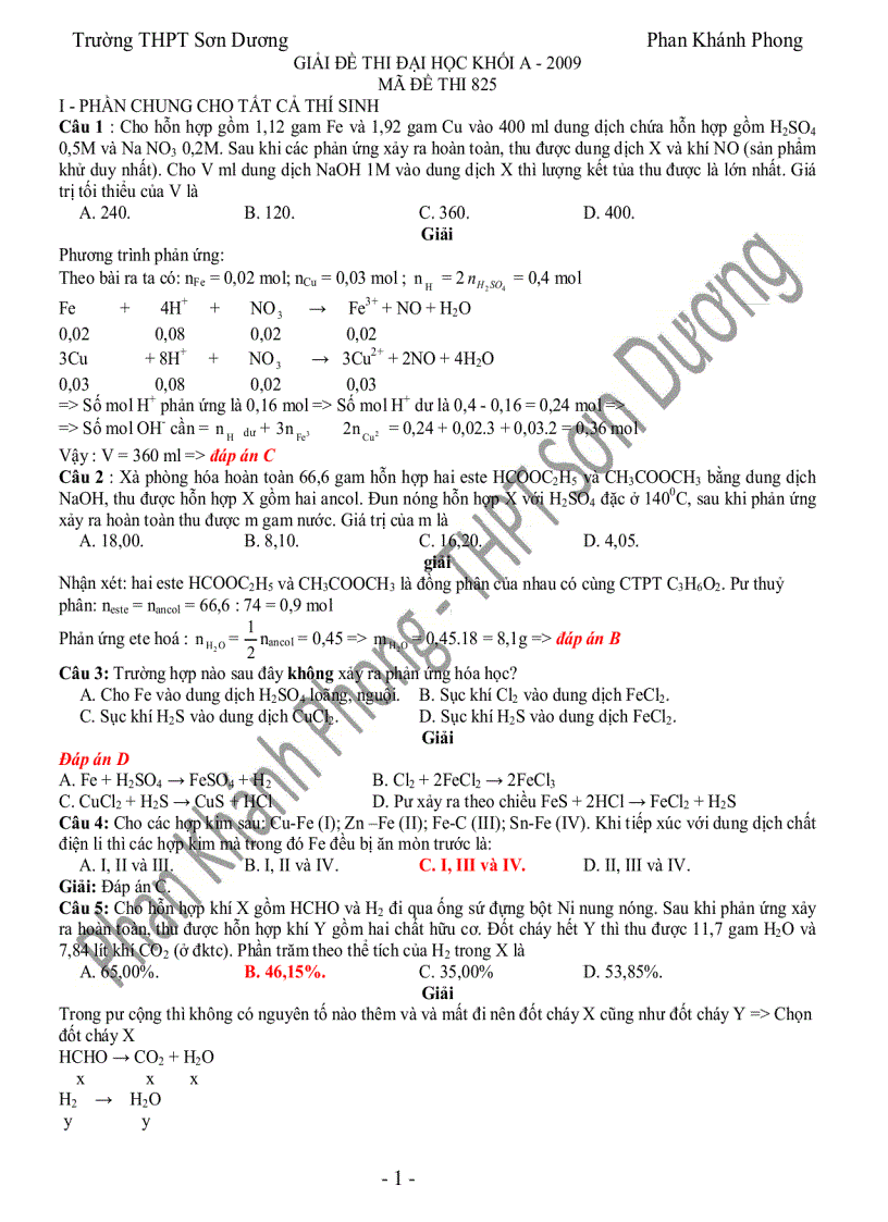 Giải chi tiết đề thi hóa khối A 2009