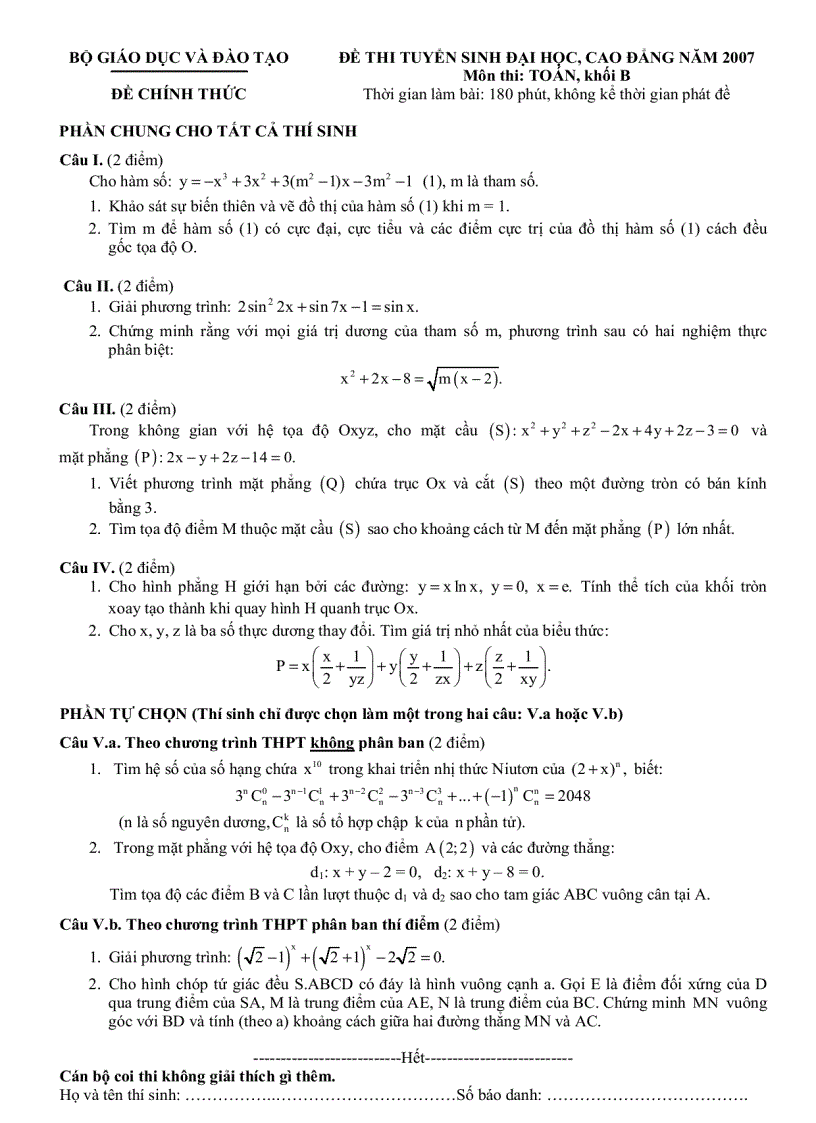 Lầm lại đè toán đại hoc b 2007