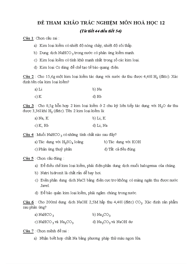 ĐÊ TRẮC NGHIỆM HÓA 12 Tiết 44 53