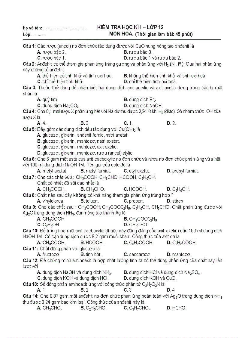 Đề HD Hóa 12 Kỳ I số 4