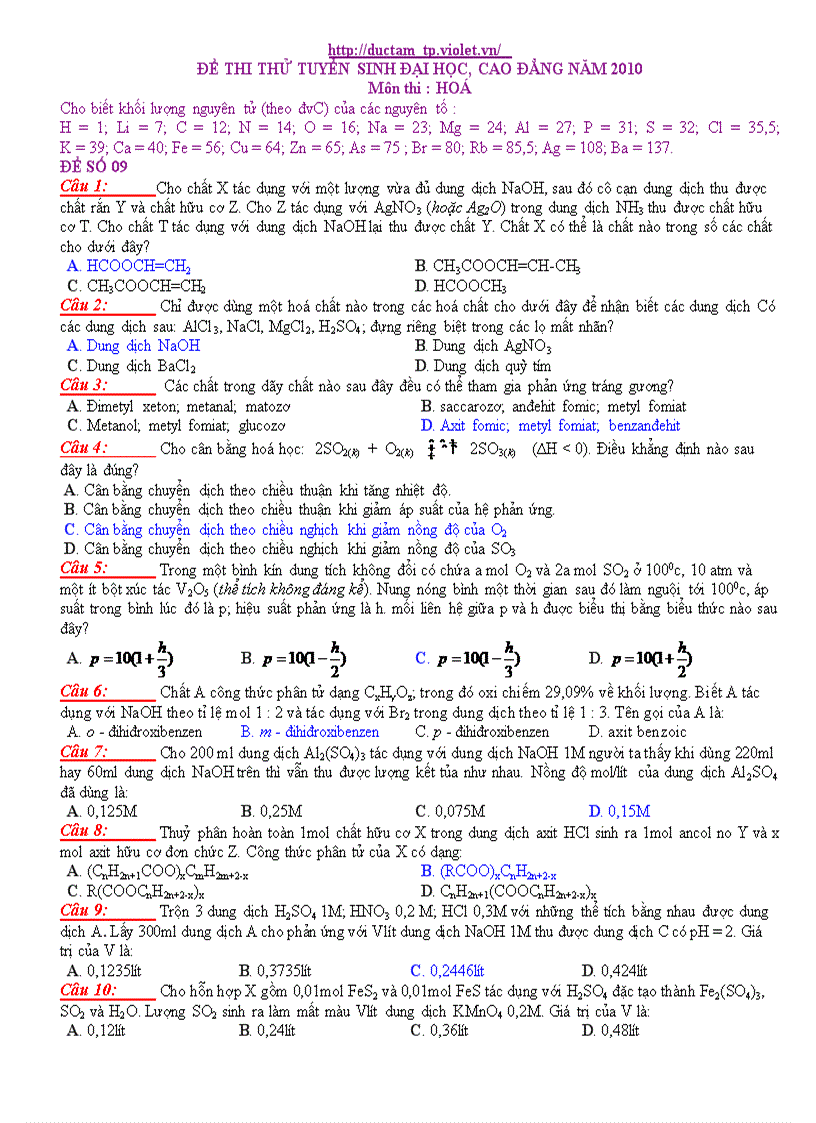 Hóa thi thử TN ĐH số 9