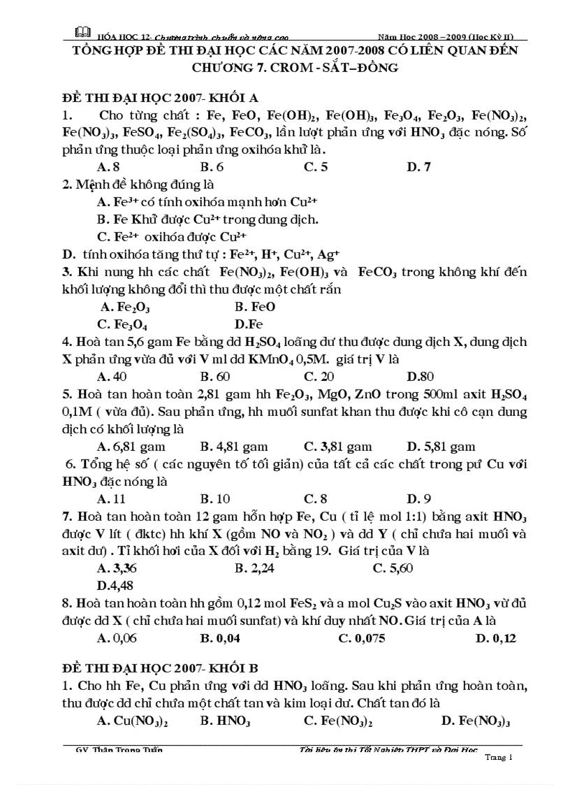 TN Cr Fe Cu trong đề ĐH 2007 và 2008