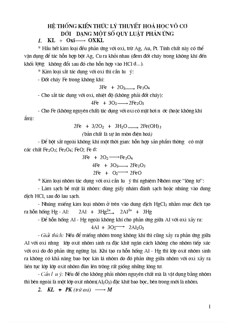 Hệ thống kiến thức Hóa Vô cơ bằng phương trình