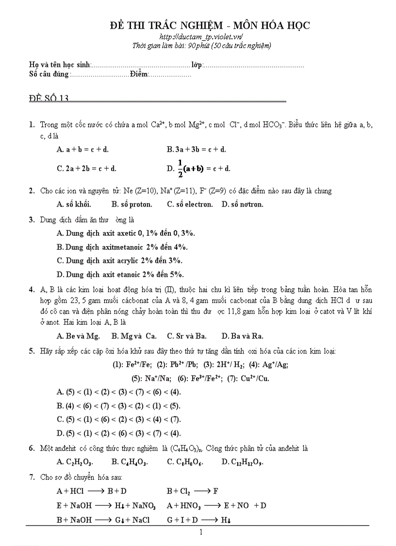 Tuyển tập Hóa TN 2010 số 13