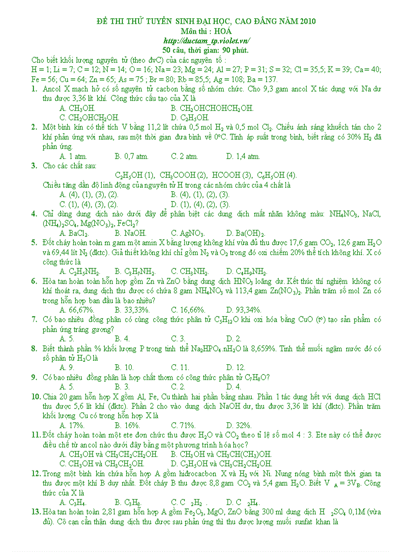 Đề HD Hóa ĐH 2010 số 17