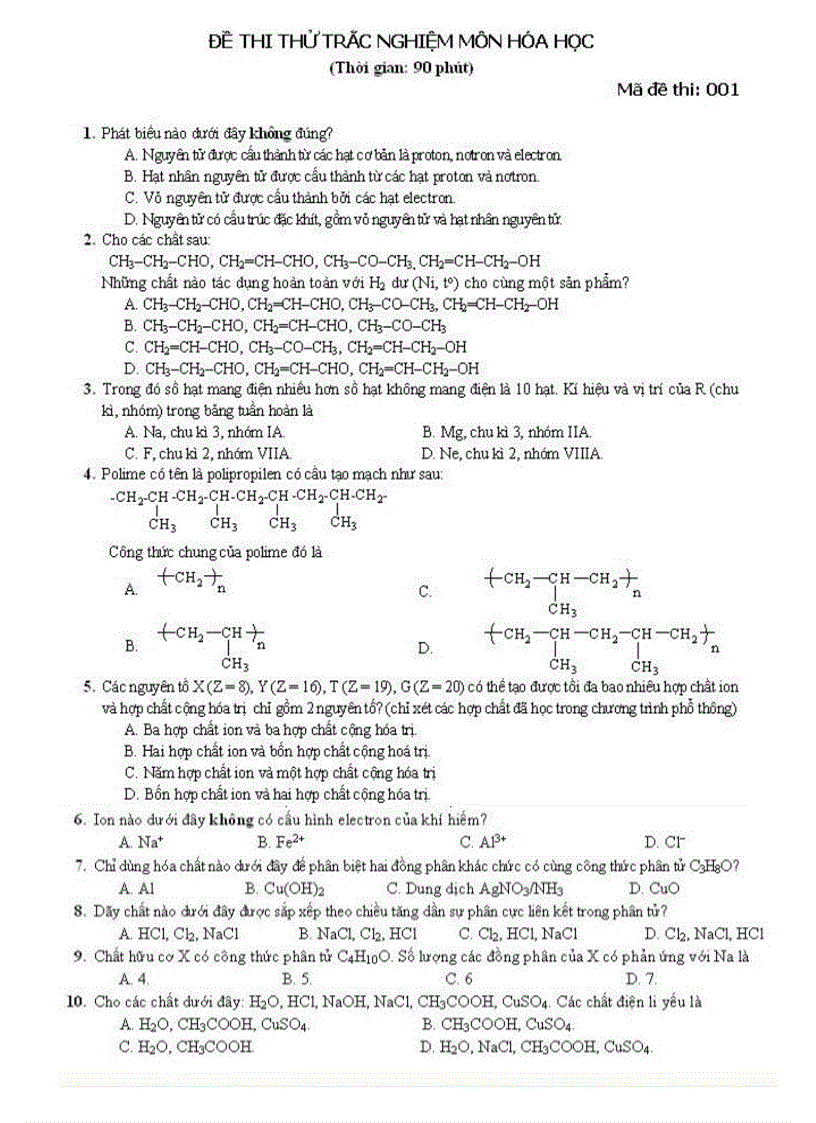 Đề thi thử Hóa Học 3