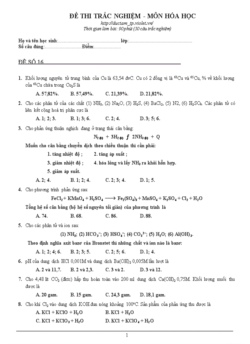 Tuyển tập Hóa TN 2010 số 16