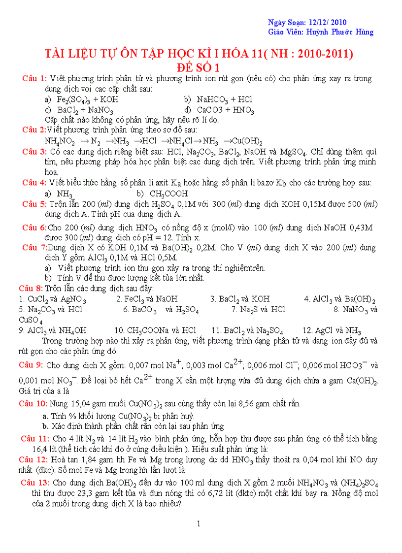 Tự Học Ôn Thi HKI Hóa 11 2010 2011