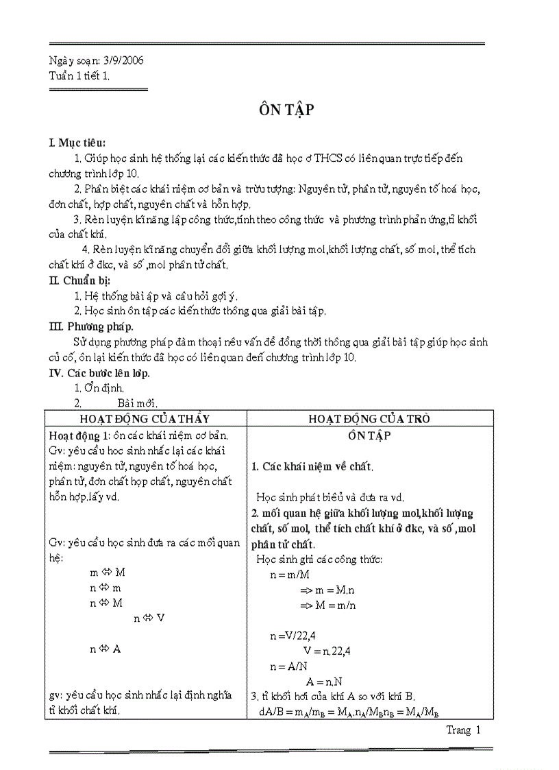 Giáo án hóa học 10 nang cao