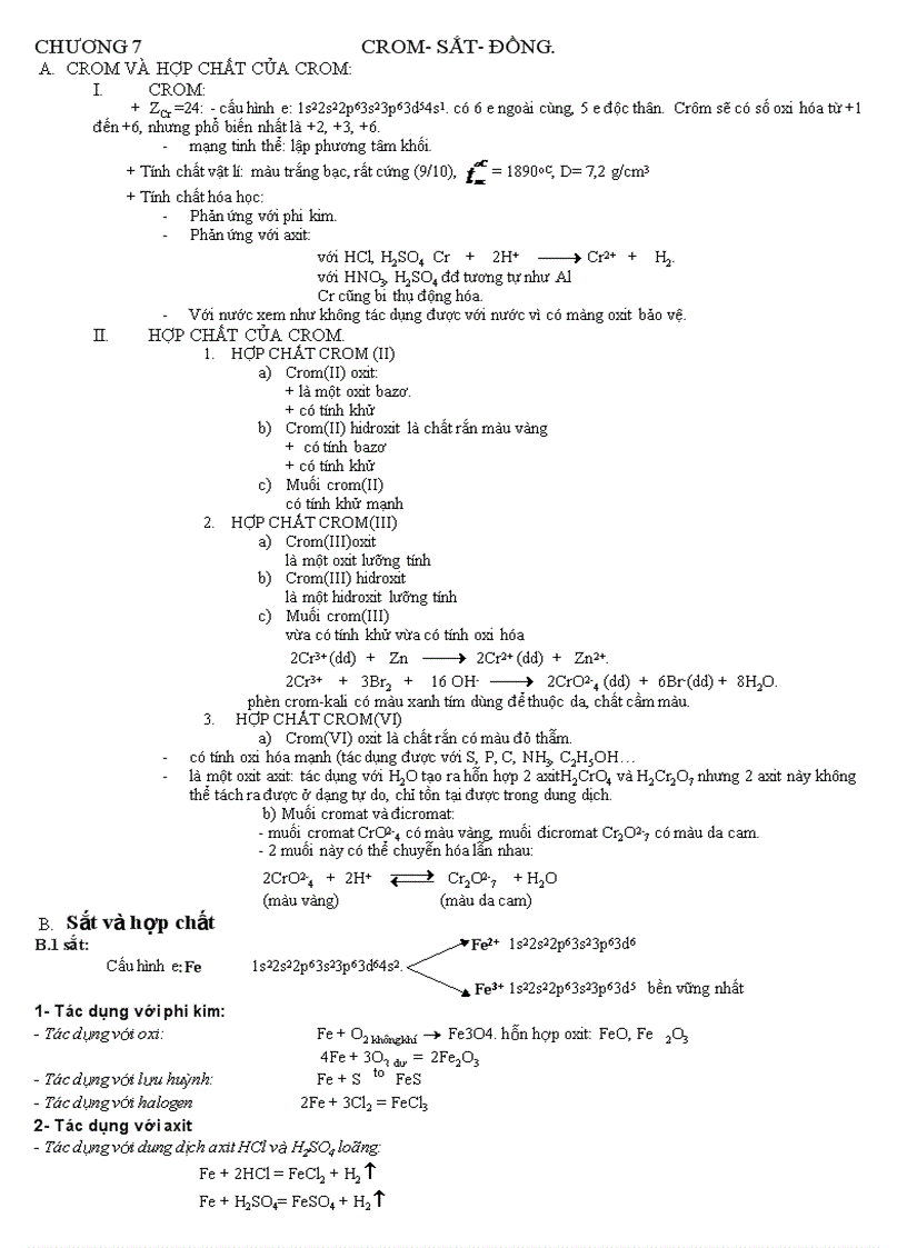 Giáo an DT Tóm tắt lý thuyết chương Crom sắt đồng