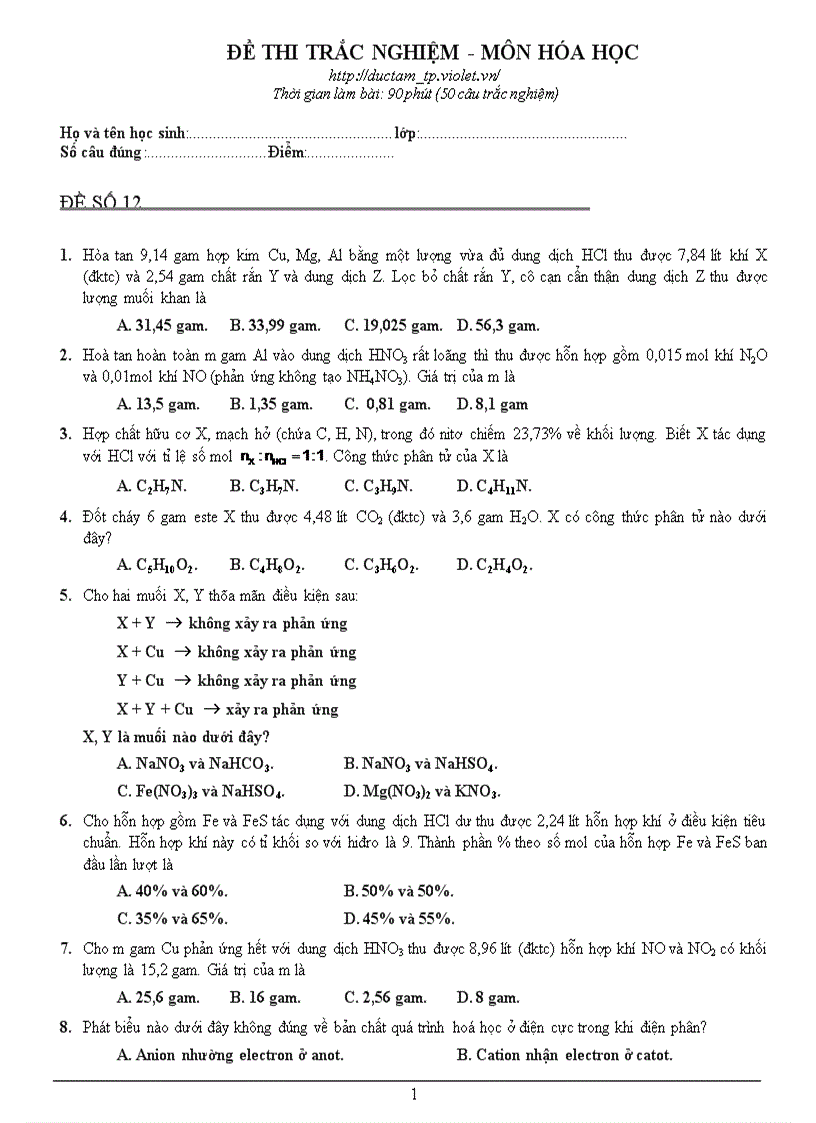 Tuyển tập Hóa TN 2010 số 12