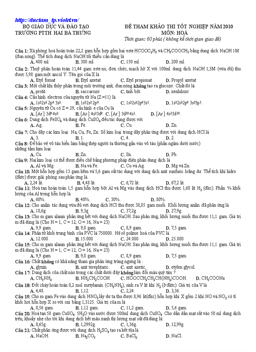 Đề HD Hóa TN Hai Bà Trưng