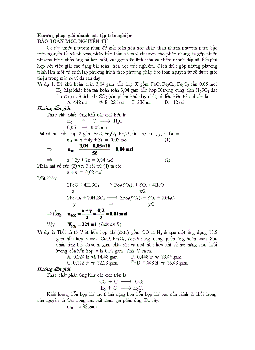 Pp bảo toàn mol nguyên tử giải nhanh bt trắc nghiệm