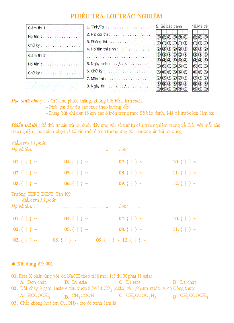 Kiểm tra 15 phút phần este