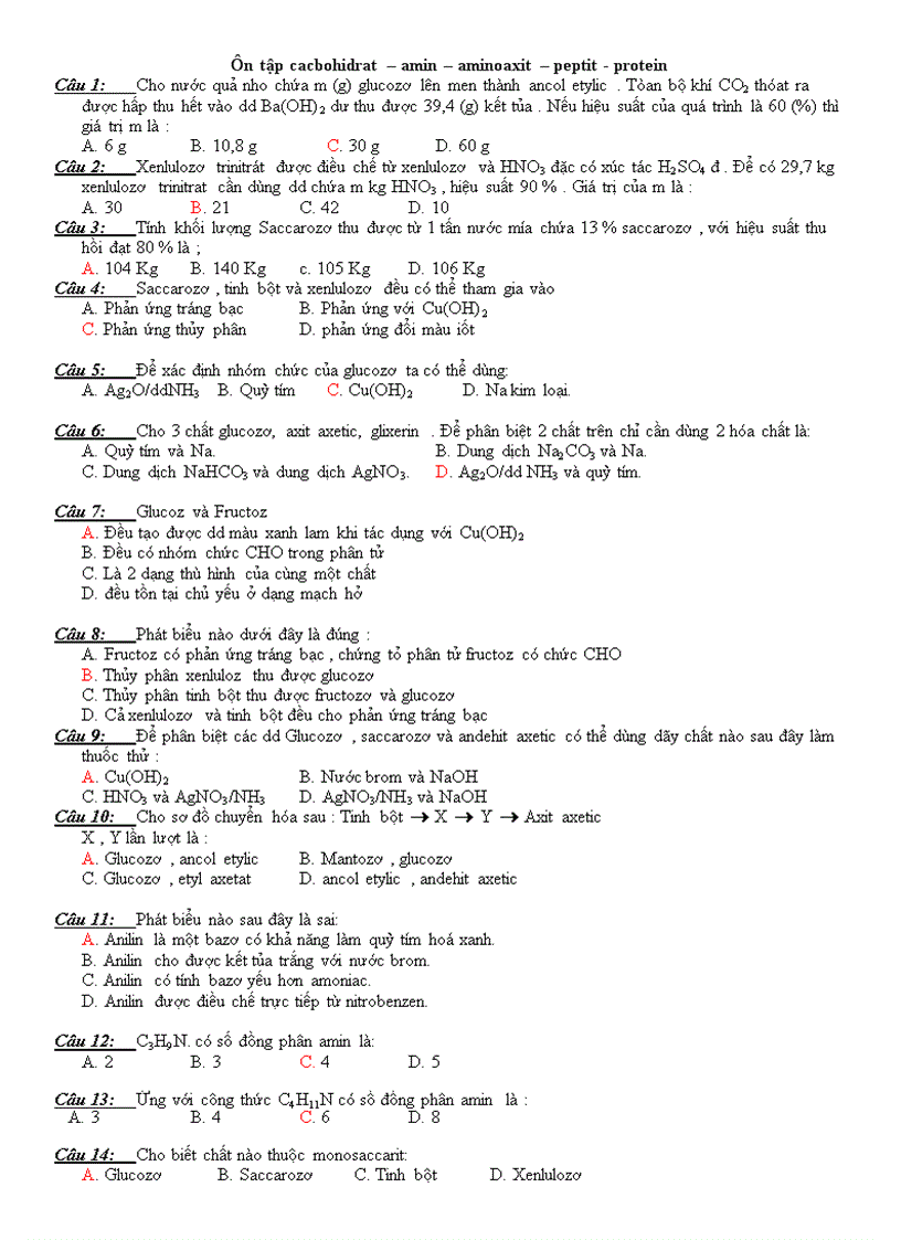 Trắc nghiệm cacbohidrat amin aminoaxit peptit protein