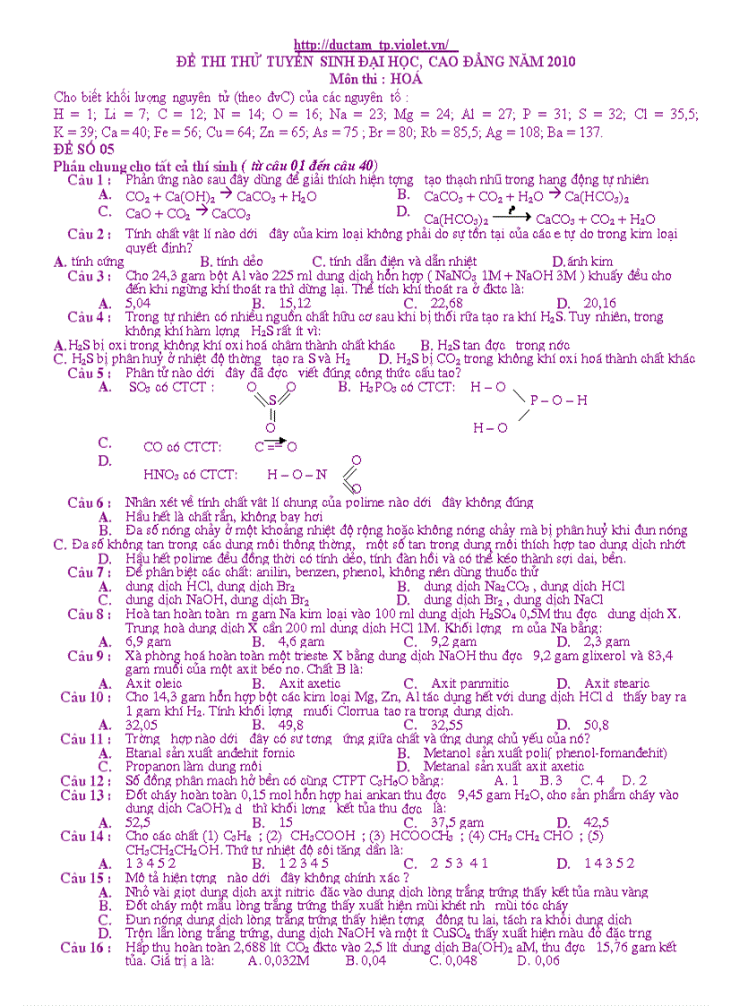 Hóa thi thử TN ĐH số 5