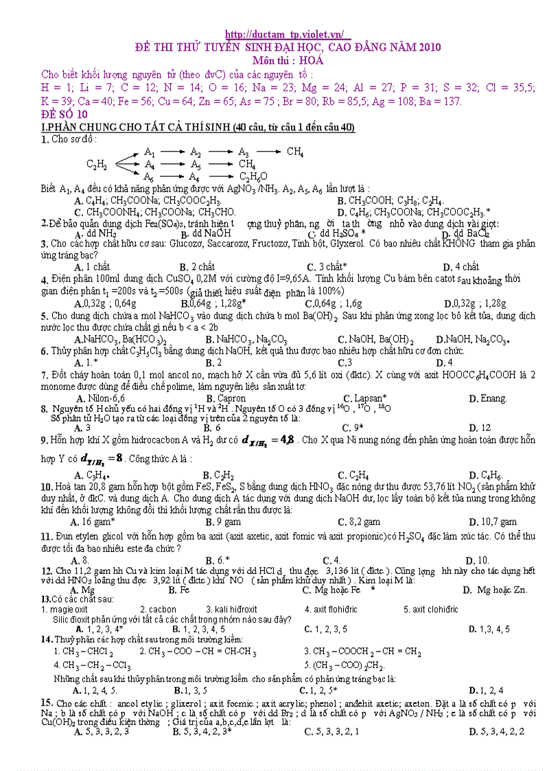Hóa thi thử TN ĐH số 10