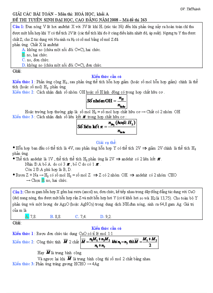 Giải Bài Toán Hóa KA 2008