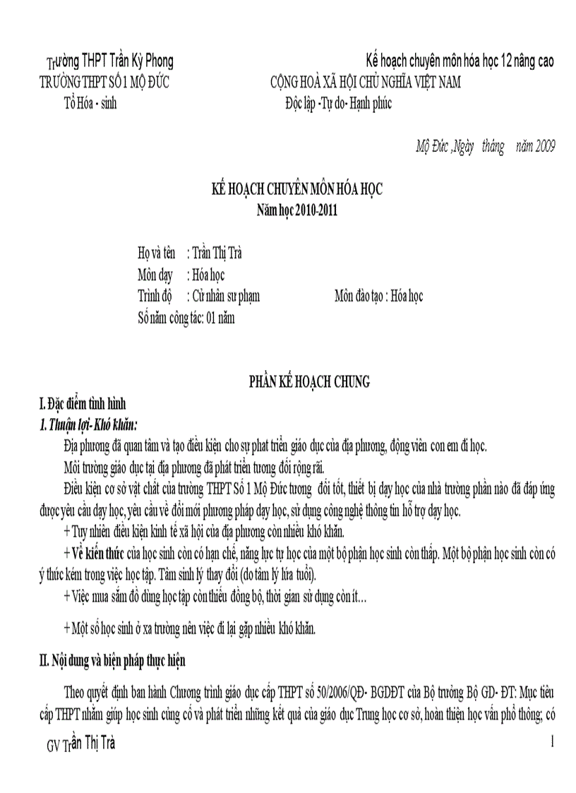 Kế hoạch dạy học hóa học lớp 12