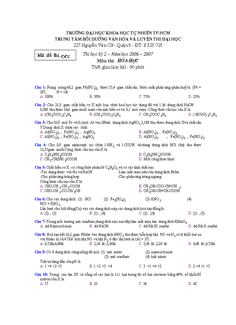 Thi thử ĐH Hóa Học 10