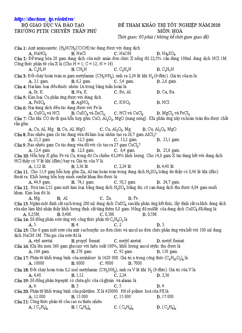 Đề HD Hóa TN Trần Phú