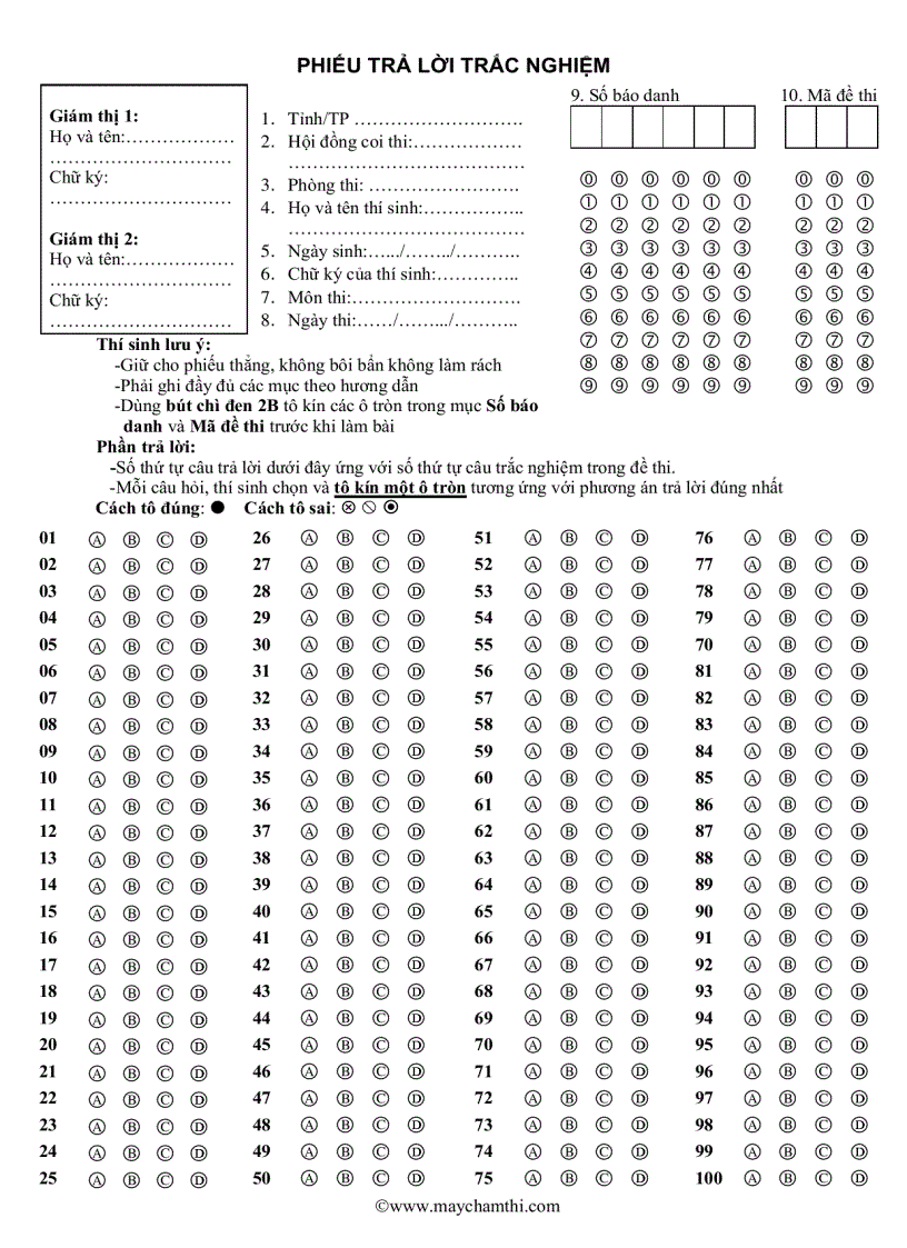 Phiếu trả lời trác nghiệm