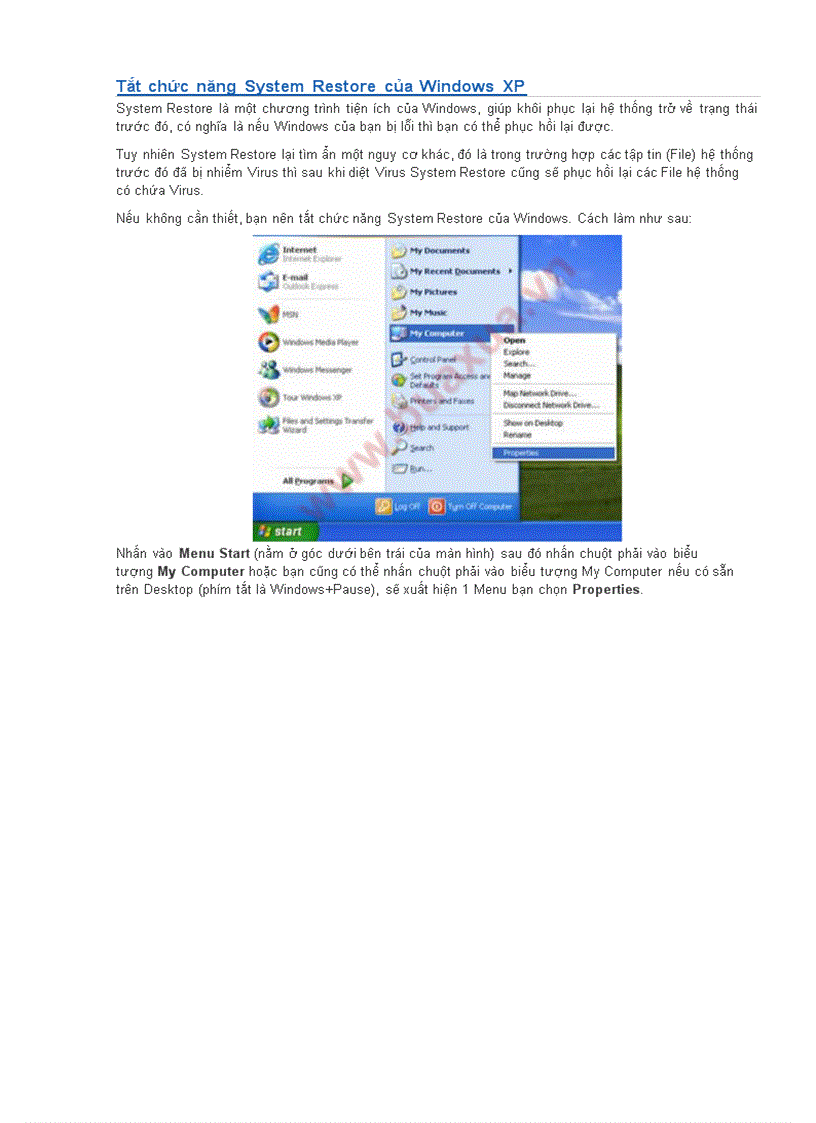 Tat chuc nang System Restore cua Windows XP