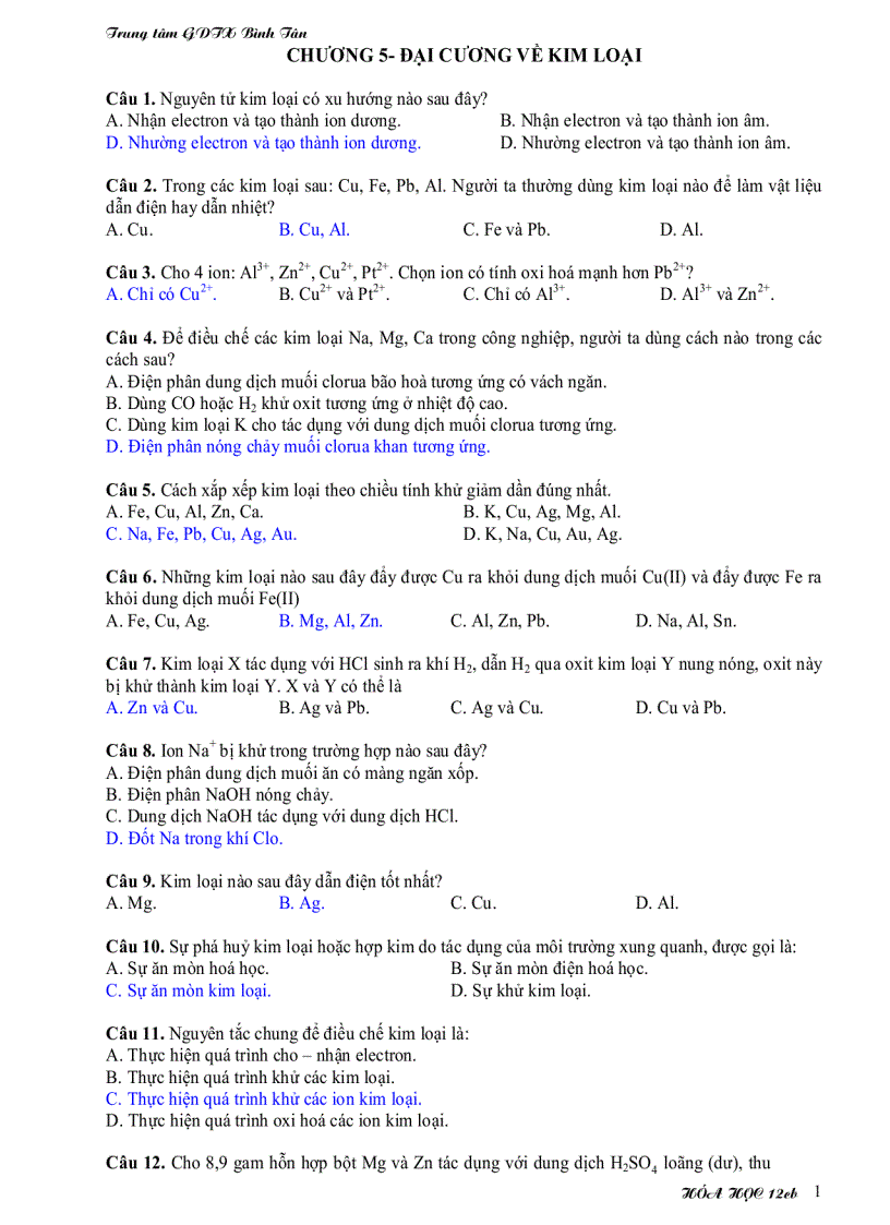 Trắc nghiệm chương 5 hóa 12cb