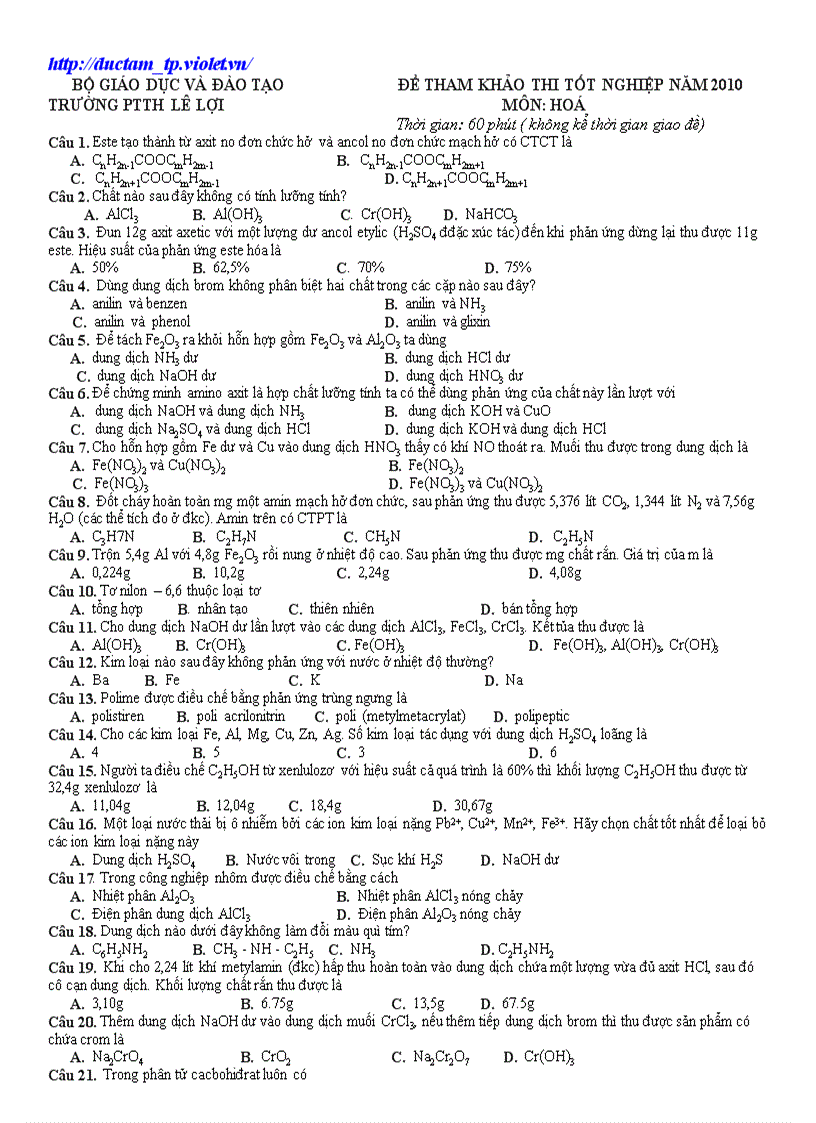 Đề HD Hóa TN Lê Lợi
