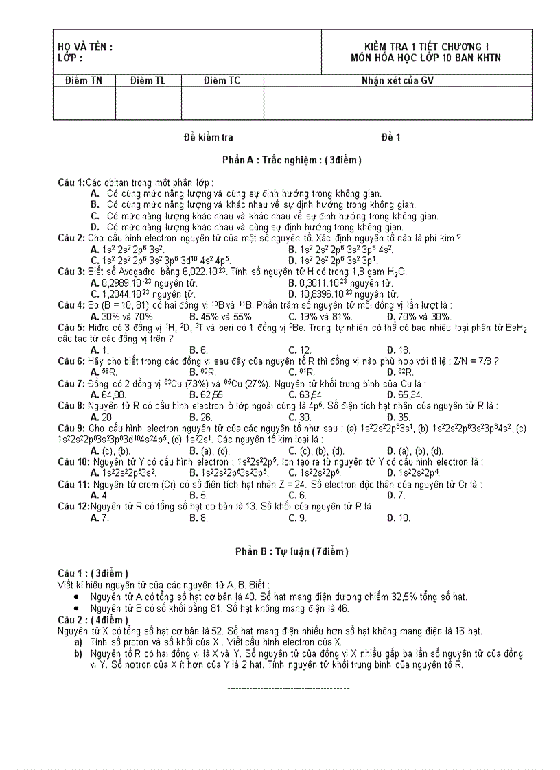 Kiểm tra 1 tiết hoa 10 nc chuong 2 3