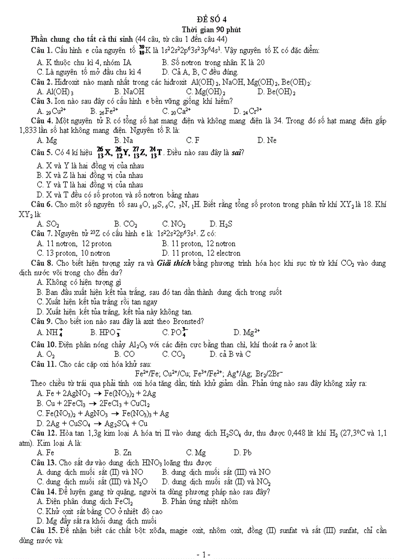 Đề trắc nghiệm hóa 90 số 4