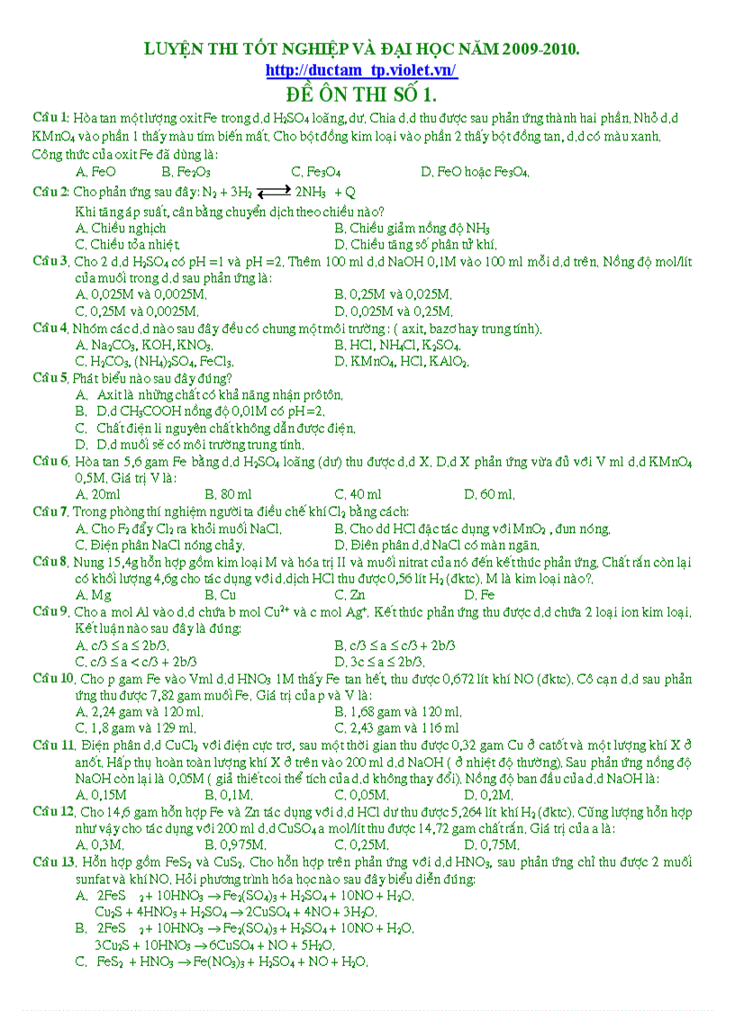 Tuyển sinh ĐH Hóa 2010 số 1