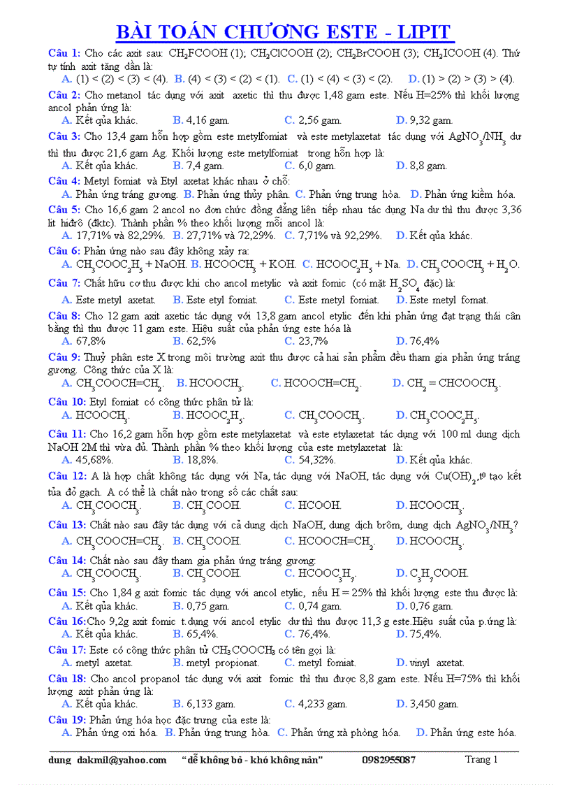 Đmil tổng hợp bài tập trắc nghiệm hóa este lớp 12 cb rất hay