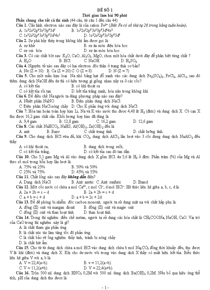 Đề trắc nghiệm hóa 90 số 1