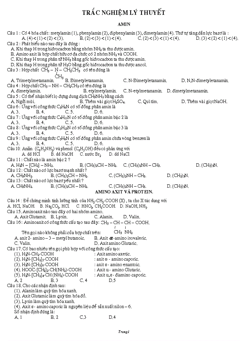 Ly thuyet va bai tap trac nghiem chuong amin aminoaxit