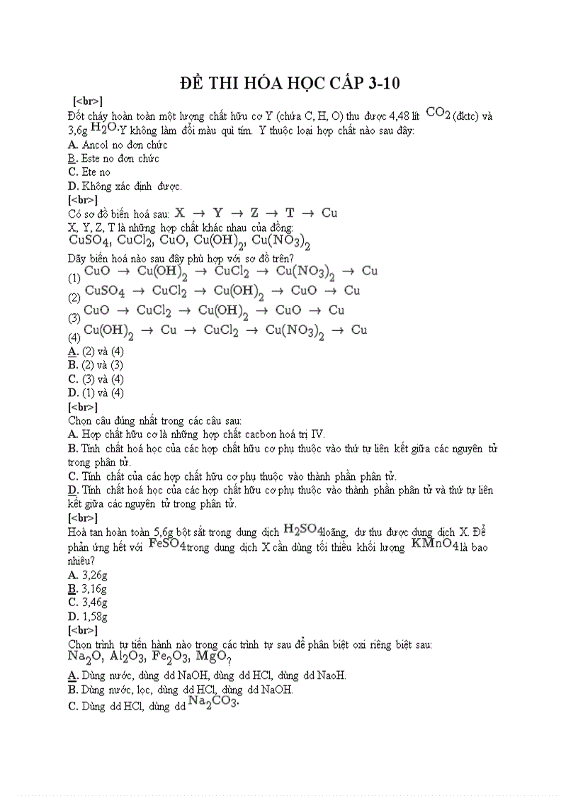 Đề thi trắc nghiệm môn hóa cấp 3 10
