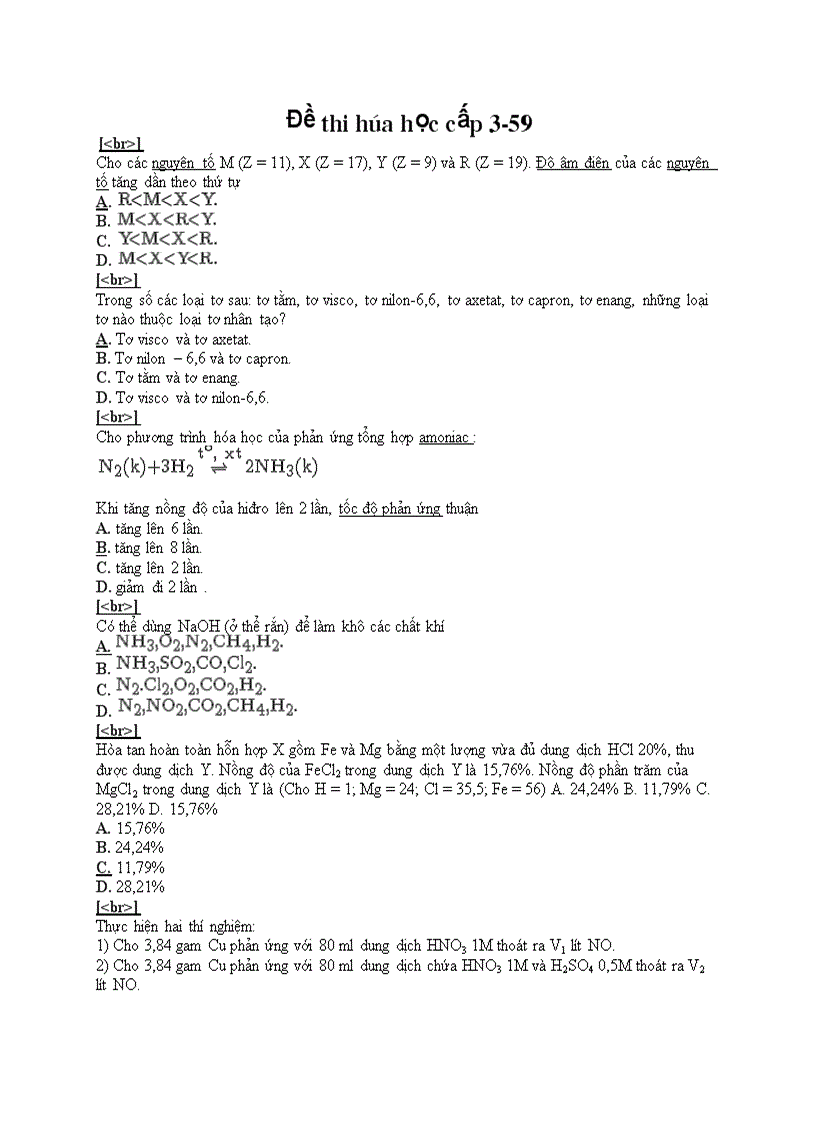 Đề thi trắc nghiệm hóa học cấp 3 59