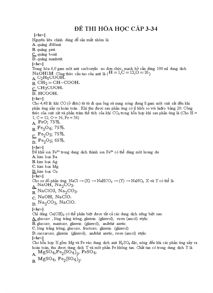 Đề thi trắc nghiệm môn hóa cấp 3 34