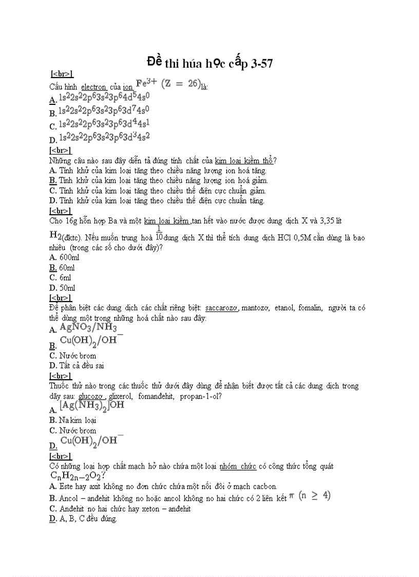 Đề thi trắc nghiệm hóa học cấp 3 57