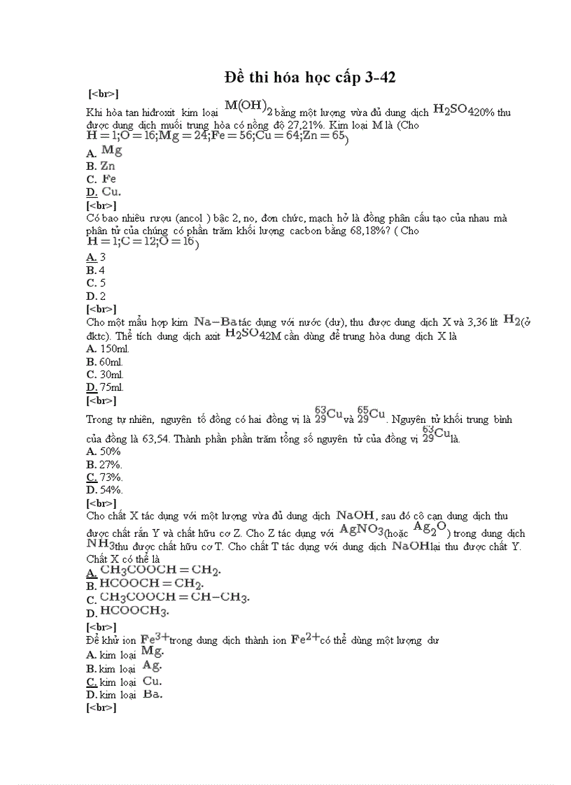 Đề thi trắc nghiệm hóa học cấp 3 42