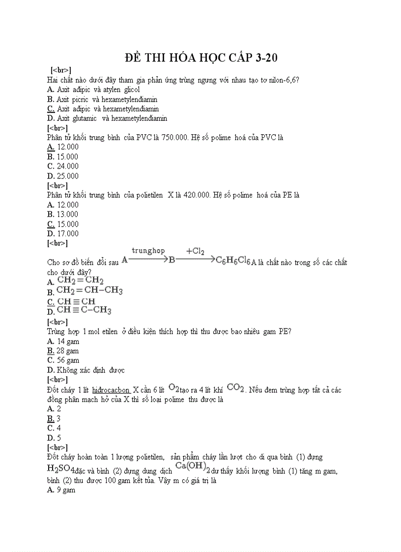 Đề thi trắc nghiệm môn hóa cấp 3 20