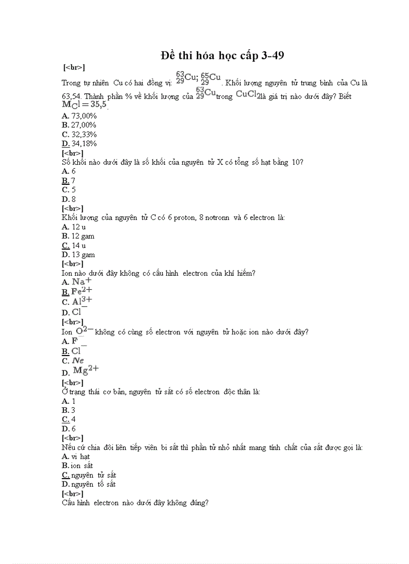 Đề thi trắc nghiệm hóa học cấp 3 49