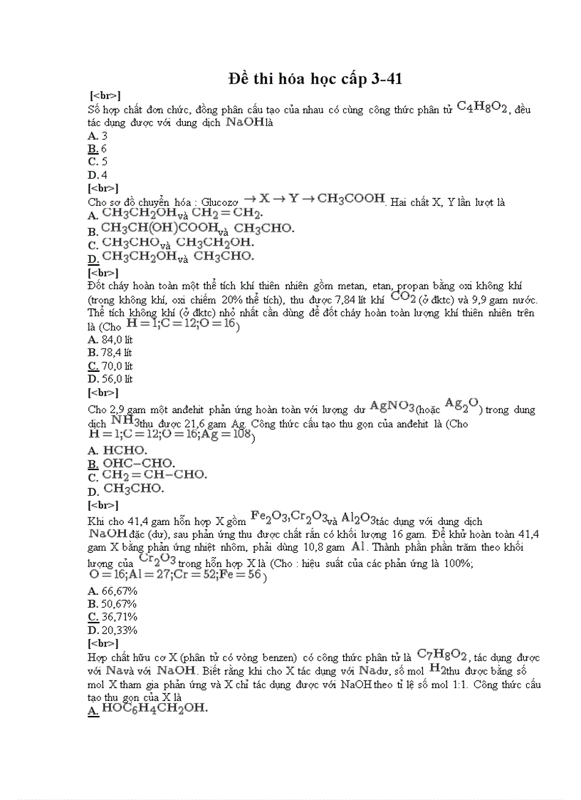 Đề thi trắc nghiệm hóa học cấp 3 41