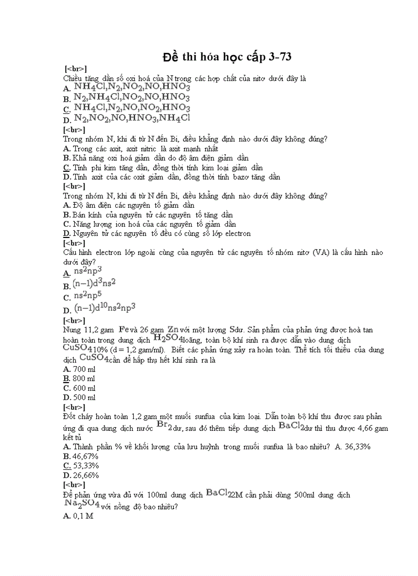 Đề thi trắc nghiệm hóa học cấp 3 73
