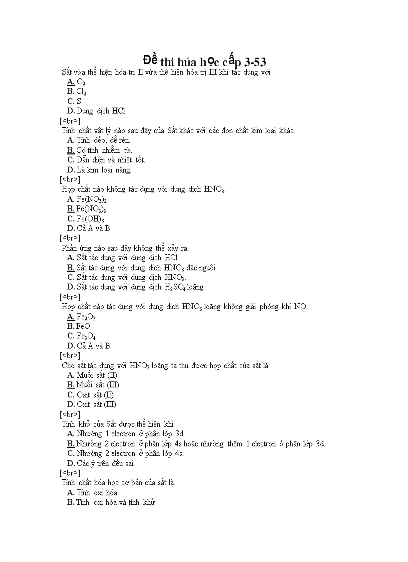 Đề thi trắc nghiệm hóa học cấp 3 53